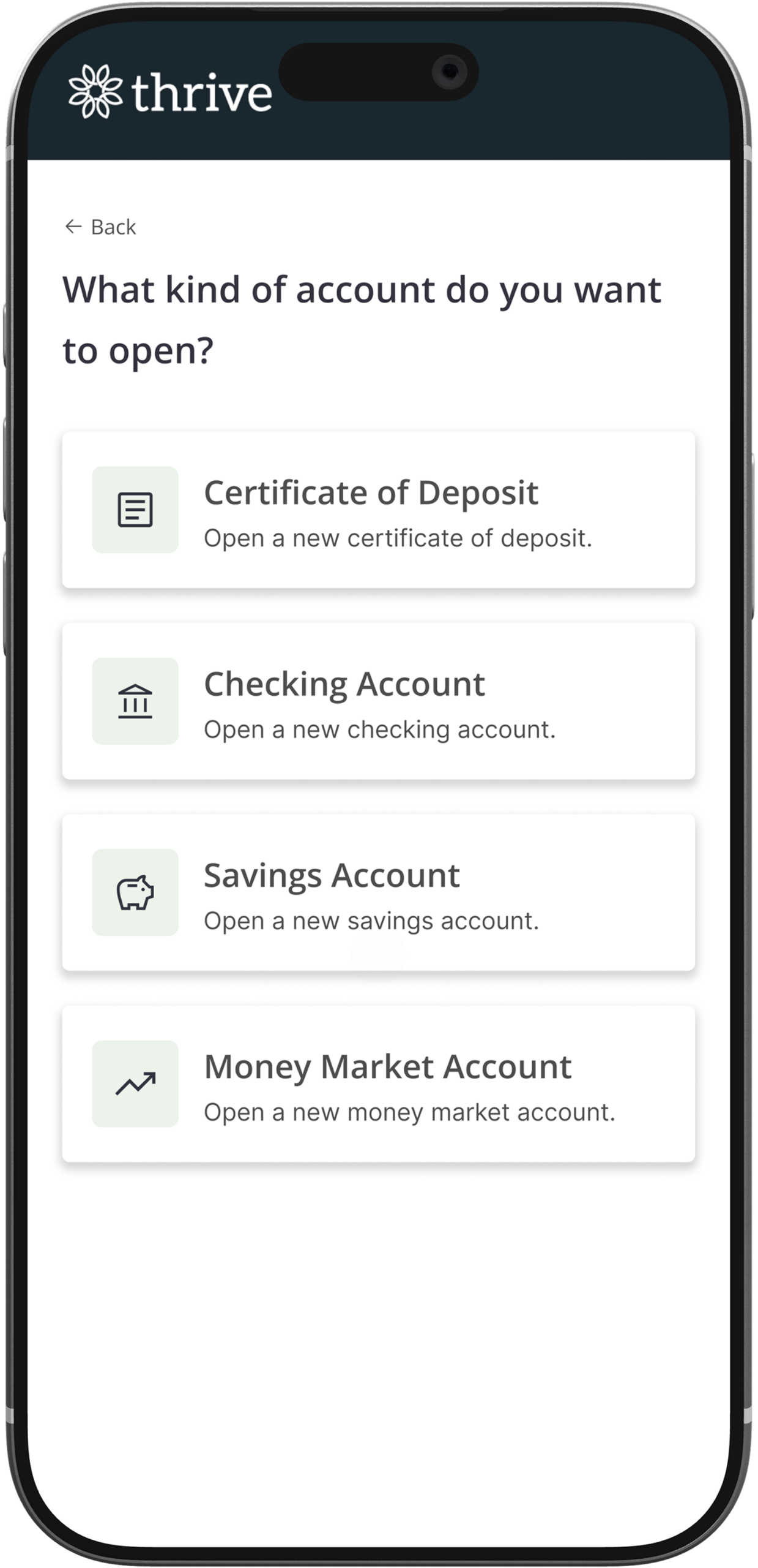Account type selection screen for choosing checking, savings, money market, or CD